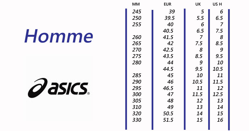 Asics Guide de Pointures Chaussures Asics